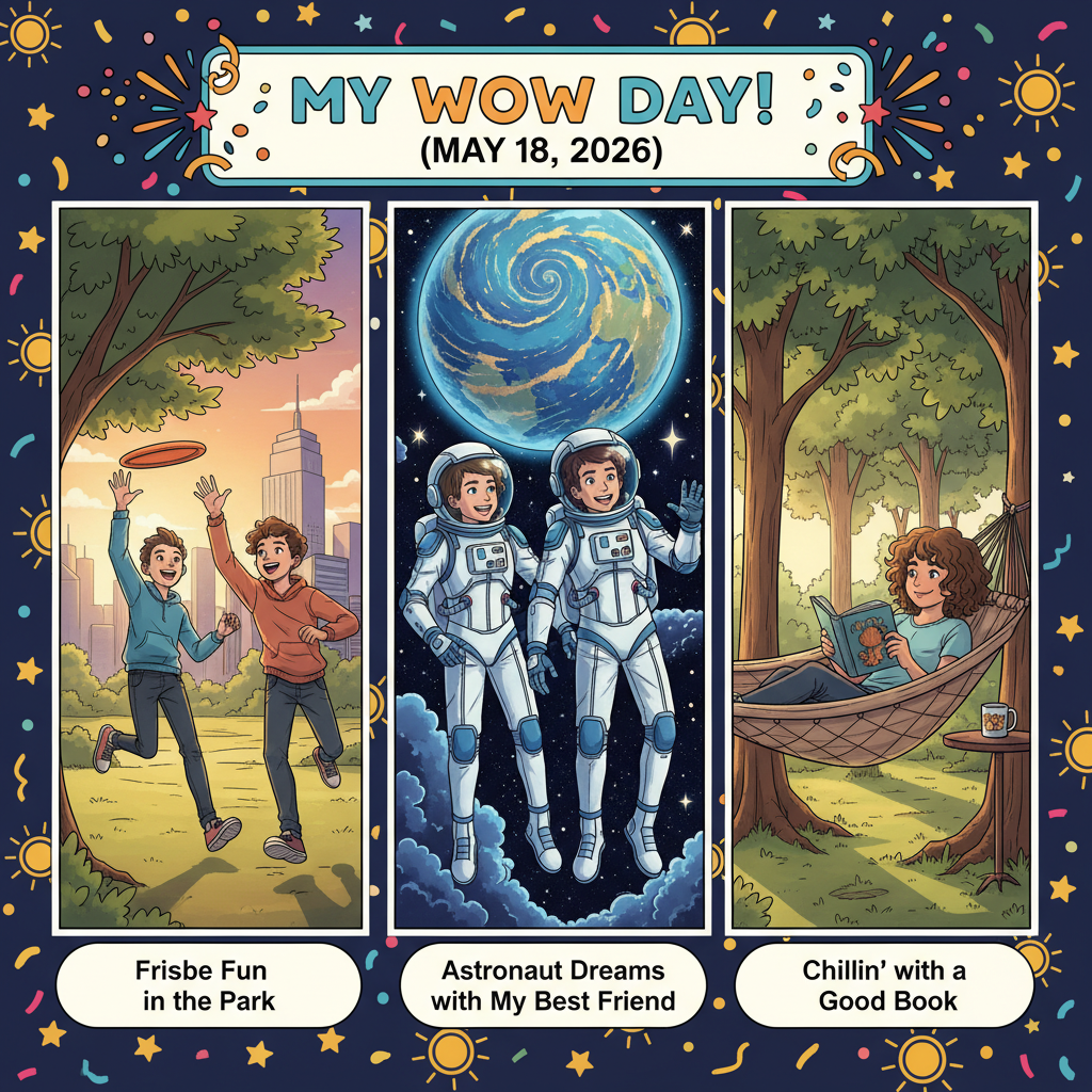 Kids playing frisbee, floating as astronauts, and reading in a hammock