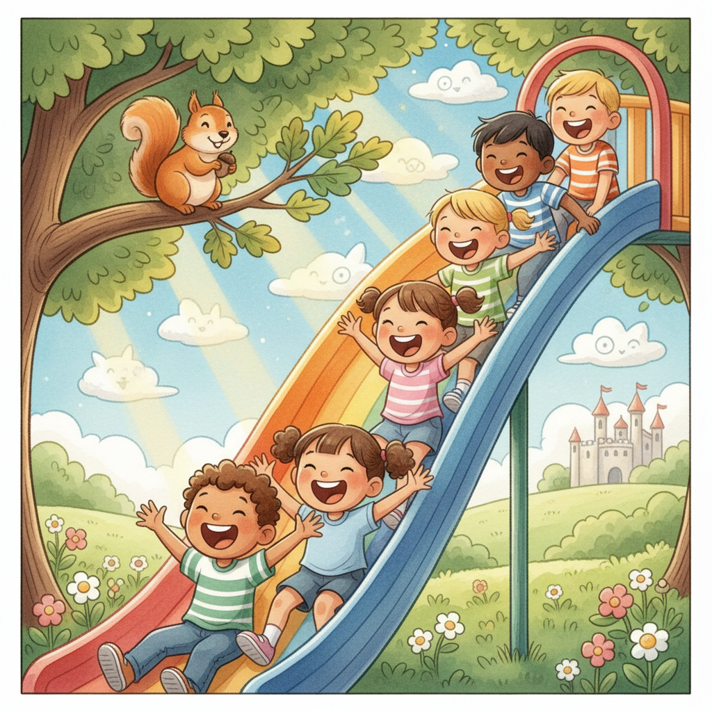 Kids laughing together on a rainbow slide on a sunny day